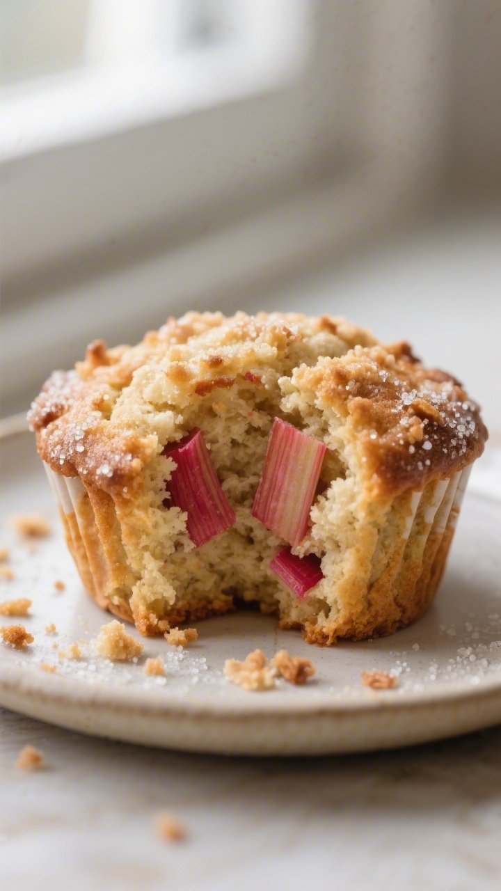 Close-up detail: A freshly baked rhubarb muffin torn open to reveal a tender, moist crumb with ruby-