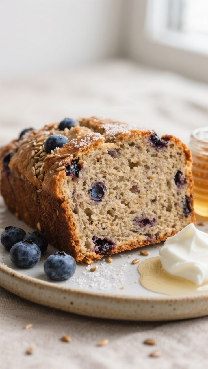 Close-up detail: A freshly baked slice of Blueberry Flaxseed High-Fiber Quick Bread on a small ceram