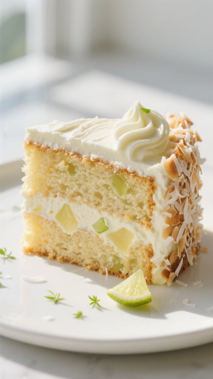 Close-up detail: A freshly sliced piece of Pineapple Coconut Spring Cake standing upright on a matte