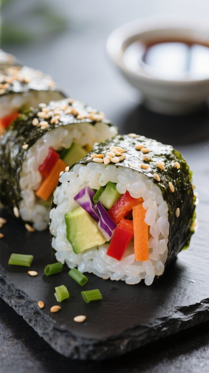 Close-up detail: A freshly sliced vegan veggie sushi roll, showing glossy, slightly sticky sushi ric