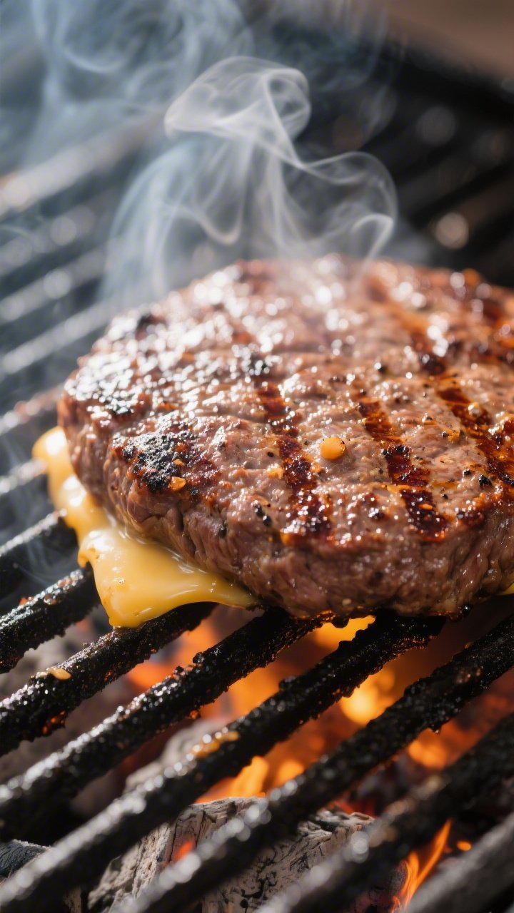Close-up detail: A juicy grilled beef patty on hot grill grates at medium-high heat, cheese just beg