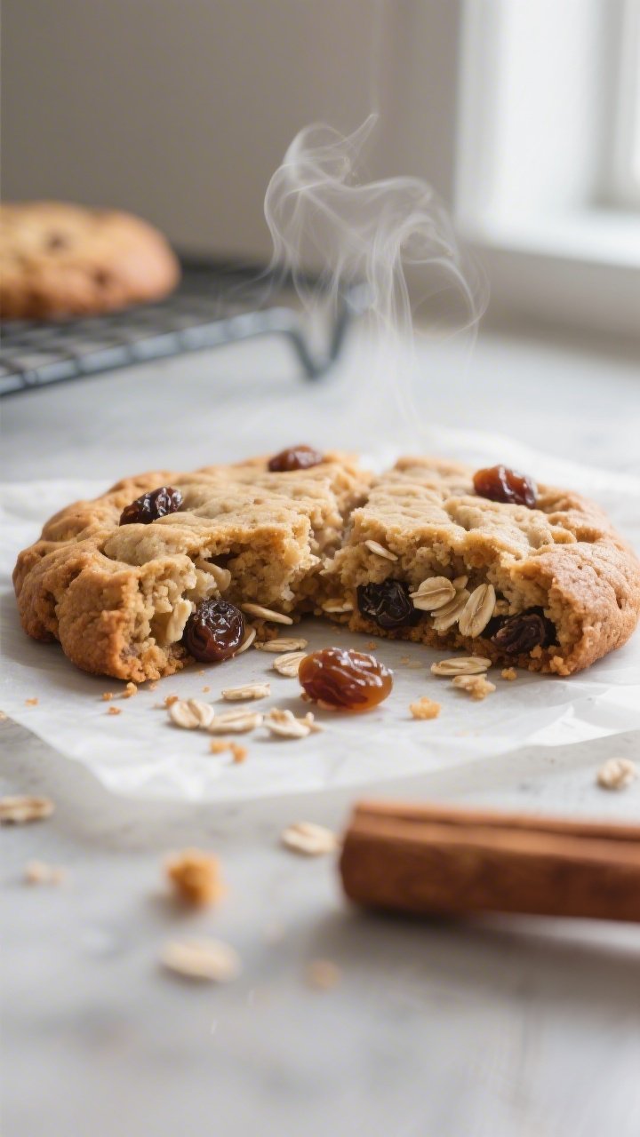 Close-up detail: A just-baked applesauce oatmeal cookie broken in half, steam subtly rising, showing