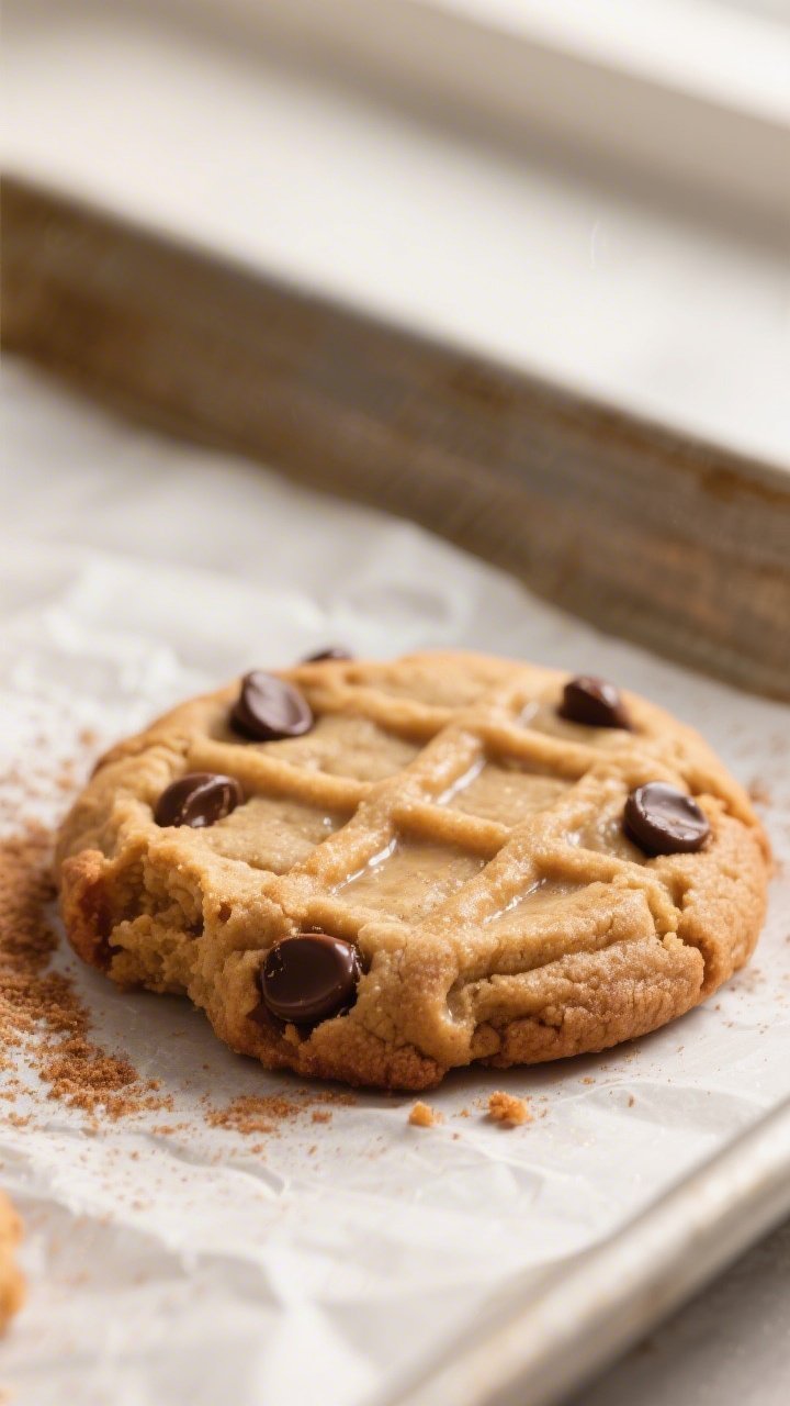 Close-up detail: A just-baked applesauce peanut butter cookie on a parchment-lined tray, edges set a