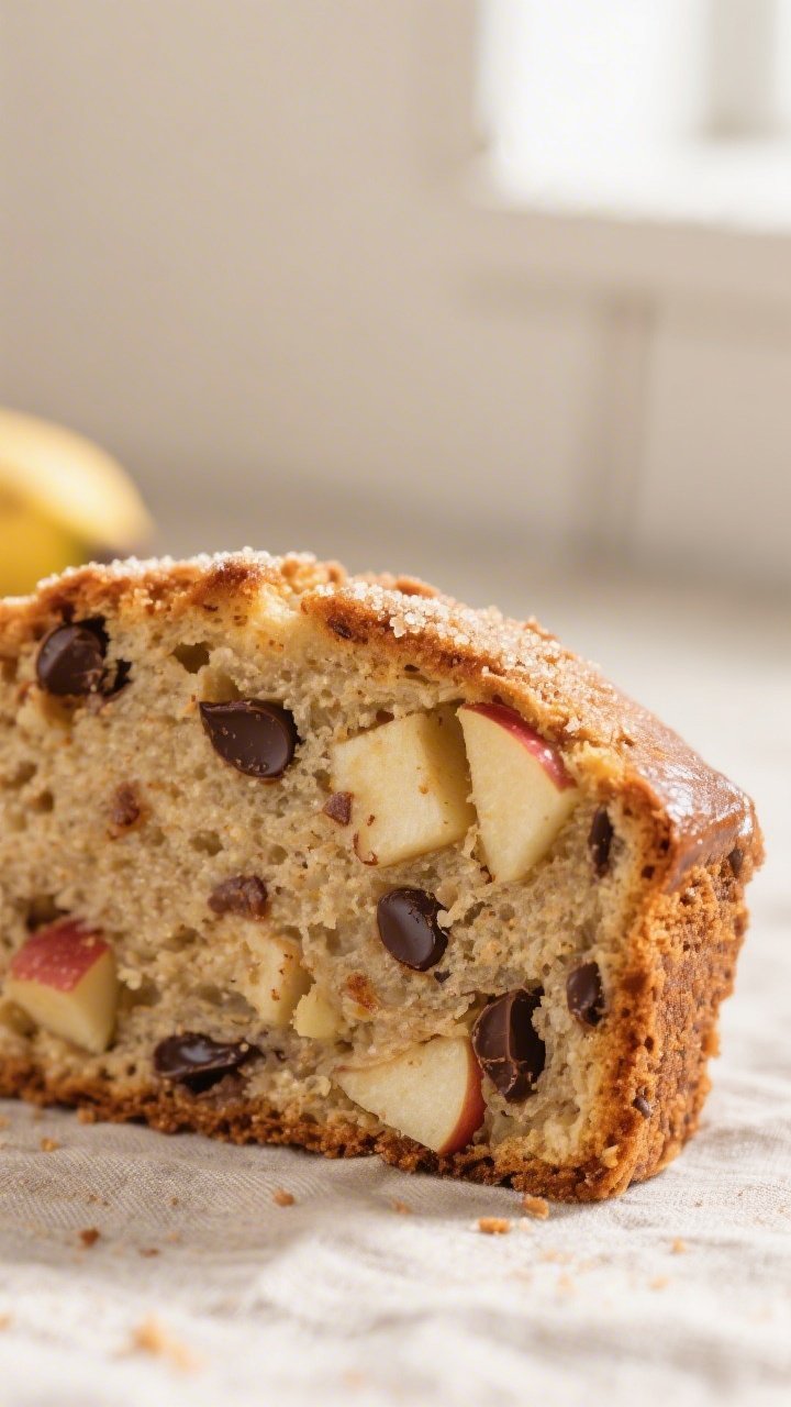 Close-up detail: A just-baked banana bread slice with apple pieces and melty dark chocolate chips fo