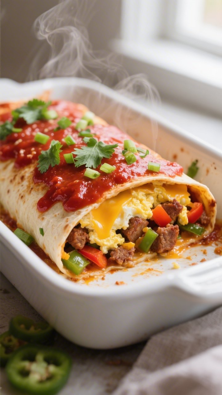 Close-up detail: A just-baked breakfast enchilada roll cut open in the pan, revealing soft-set scram