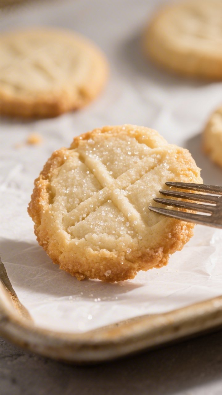 Close-up detail: A just-baked butter cookie pressed with a classic fork crosshatch, edges lightly go