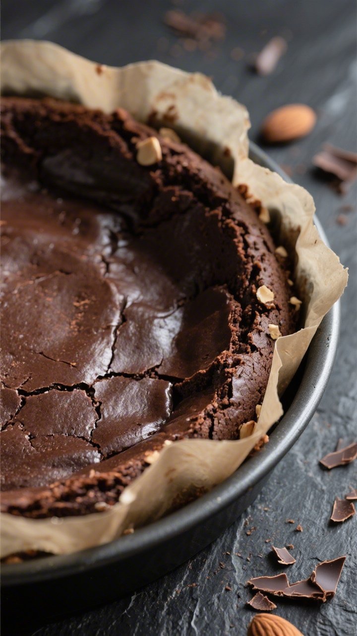 Close-up detail: A just-baked flourless dark chocolate almond cake still in the parchment-lined 8-in