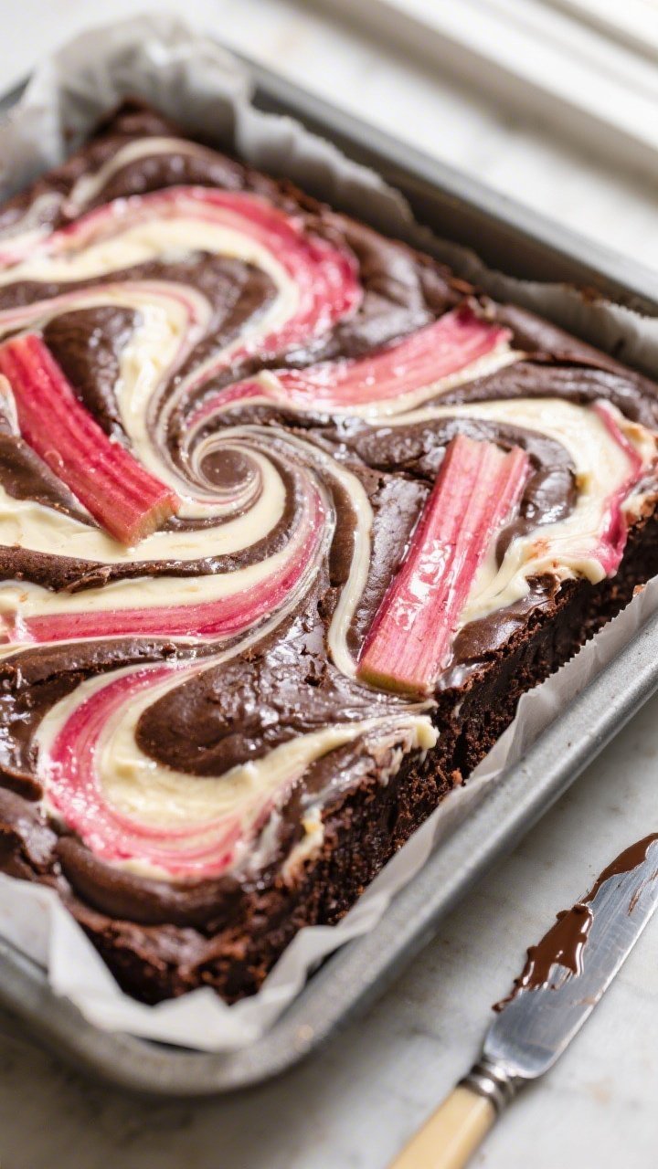 Close-up detail: A just-baked slab of Rhubarb Cream Cheese Swirl Brownies still in the parchment-lin