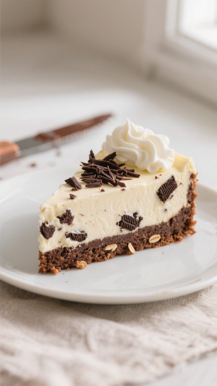 Close-up detail: A just-sliced piece of Healthy Cookies & Cream Cheesecake Cake showing clean, disti