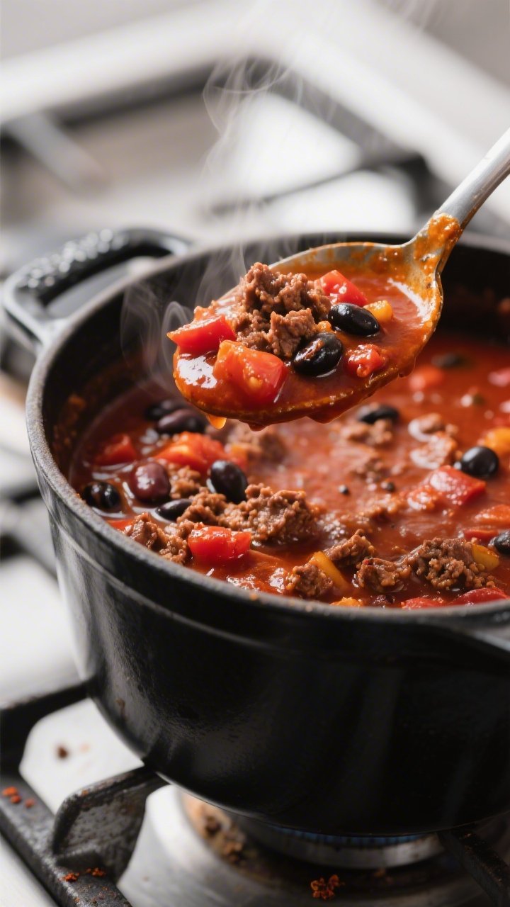 Close-up detail: A ladle lifting thick, simmering Fire-Roasted Tomato Beef Chili from a matte black