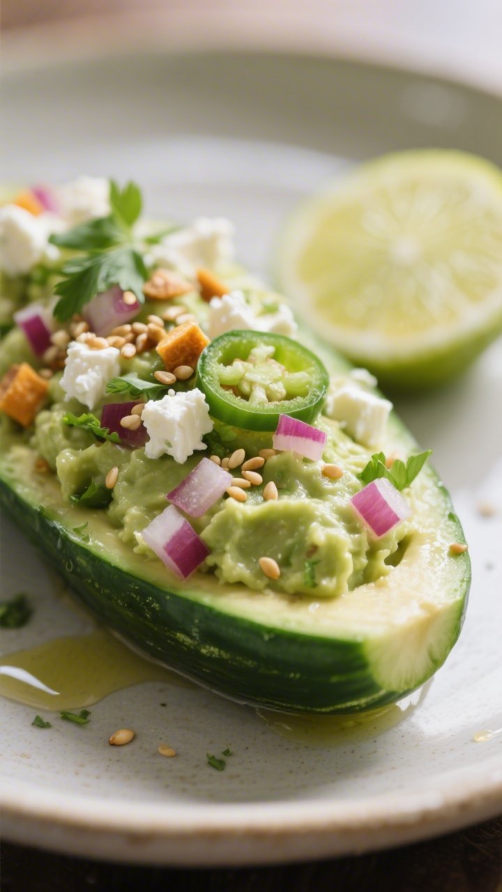 Close-up detail: A prepared cucumber “boat” filled with creamy mashed avocado speckled with lime