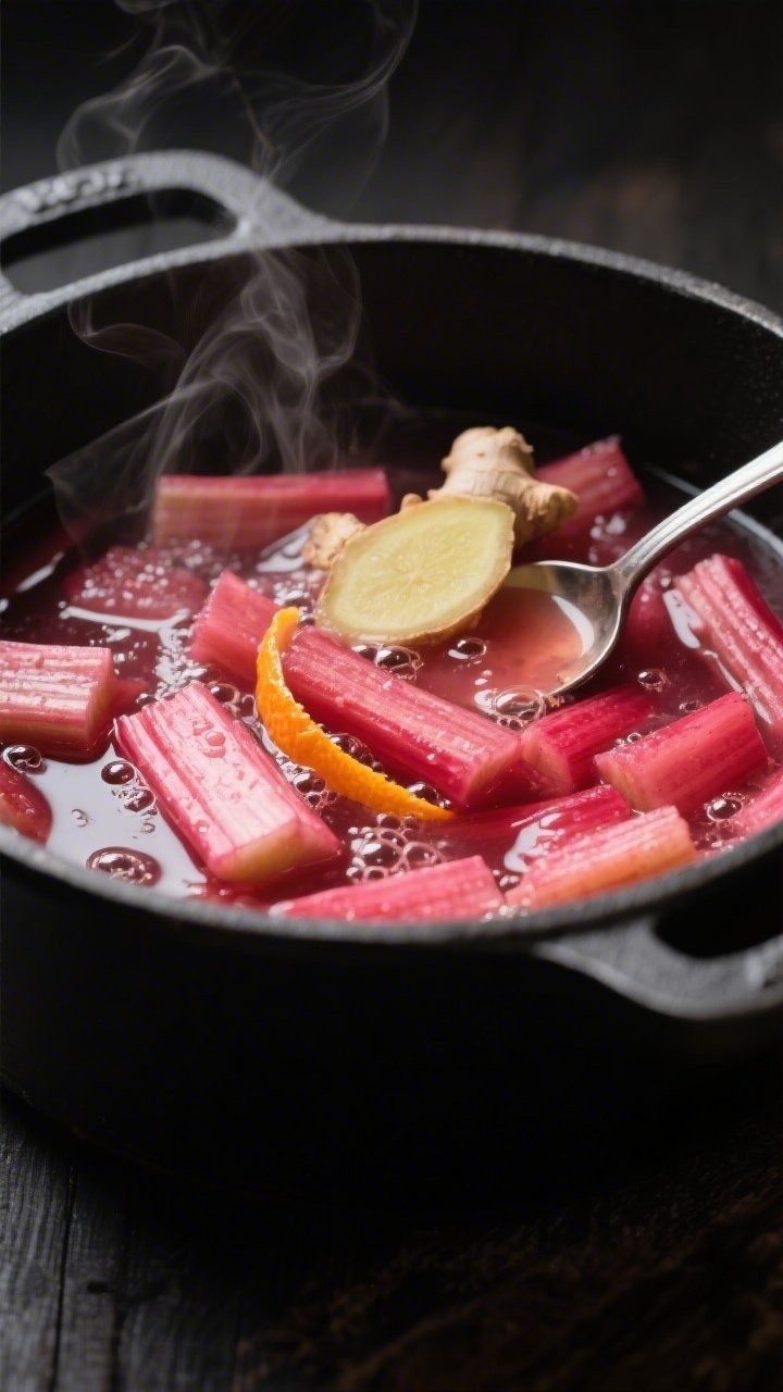 Close-up detail: A simmering rhubarb compote mid-cook in a matte black saucepan, ruby-pink chunks so