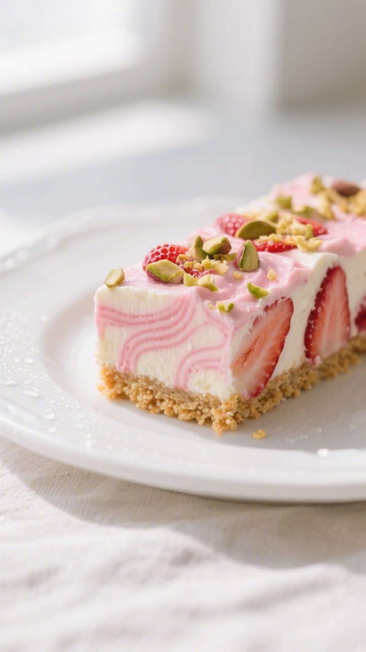 Close-up detail: A sliced bar of Strawberry Rhubarb Frozen Dump Dessert just after tempering, showin