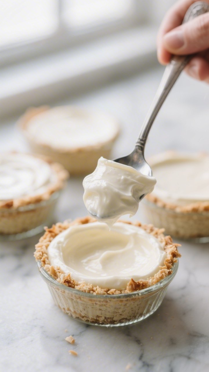 Close-up detail: A spoon dolloping ultra-smooth coconut cream cheesecake filling into chilled rameki