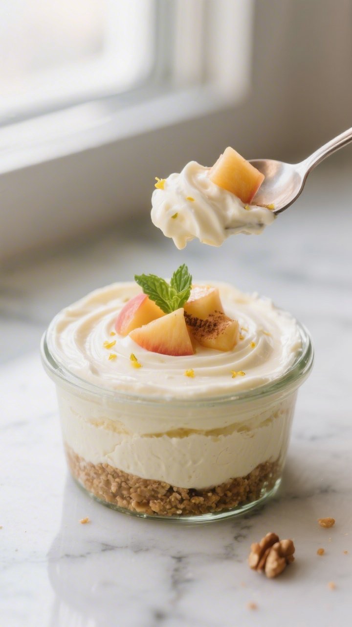 Close-up detail: A spoon hovering over a chilled Peach Cream Keto Cheesecake Cup, scooping into the