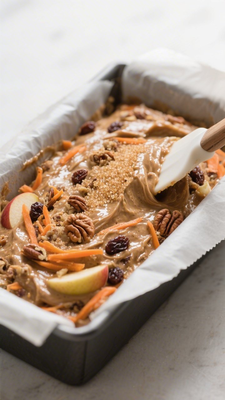 Close-up detail: A thick, glossy batter of apple-carrot cinnamon bread being gently folded in a parc