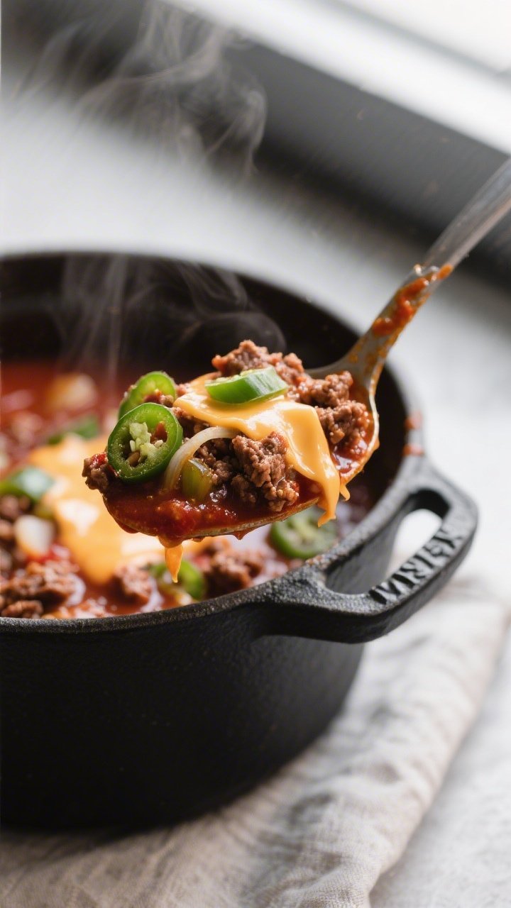 Close-up detail: A thick, meaty spoonful of low-carb pepper jack cheeseburger chili lifted from a Du