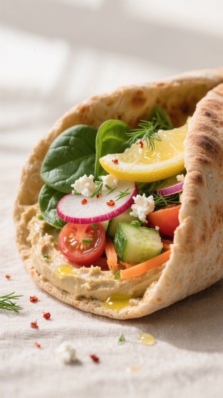 Close-up detail: A warmed whole wheat pita pocket already assembled, interior walls visibly coated w