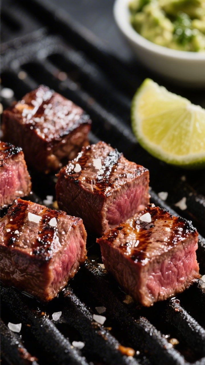 Close-up detail: Charred grilled steak bites just off the grill, glistening with juices and a pinch
