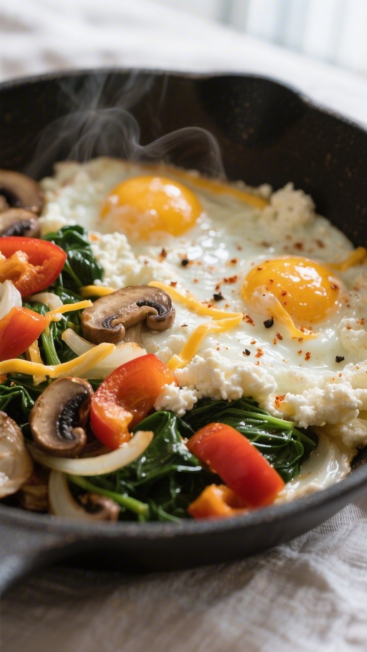 Close-up detail: Cottage cheese scrambled eggs just set in a nonstick skillet, glossy soft curds fol