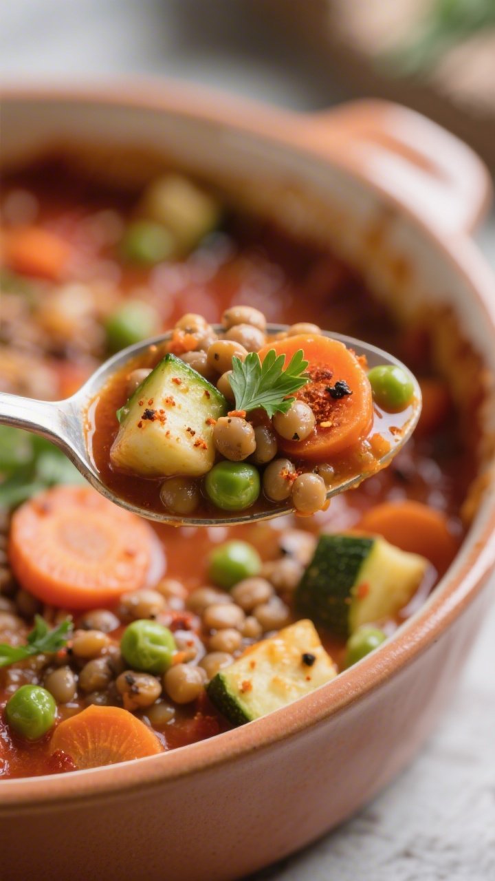 Close-up detail, cozy and hearty: Macro close-up of a spoonful lifted from the finished lentil veget