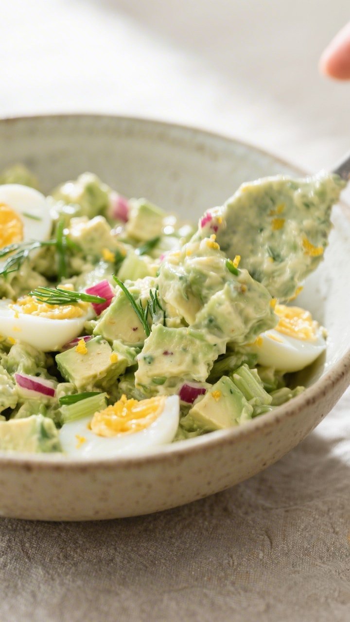 Close-up detail: Creamy avocado egg salad being gently folded together in a wide ceramic bowl, showi