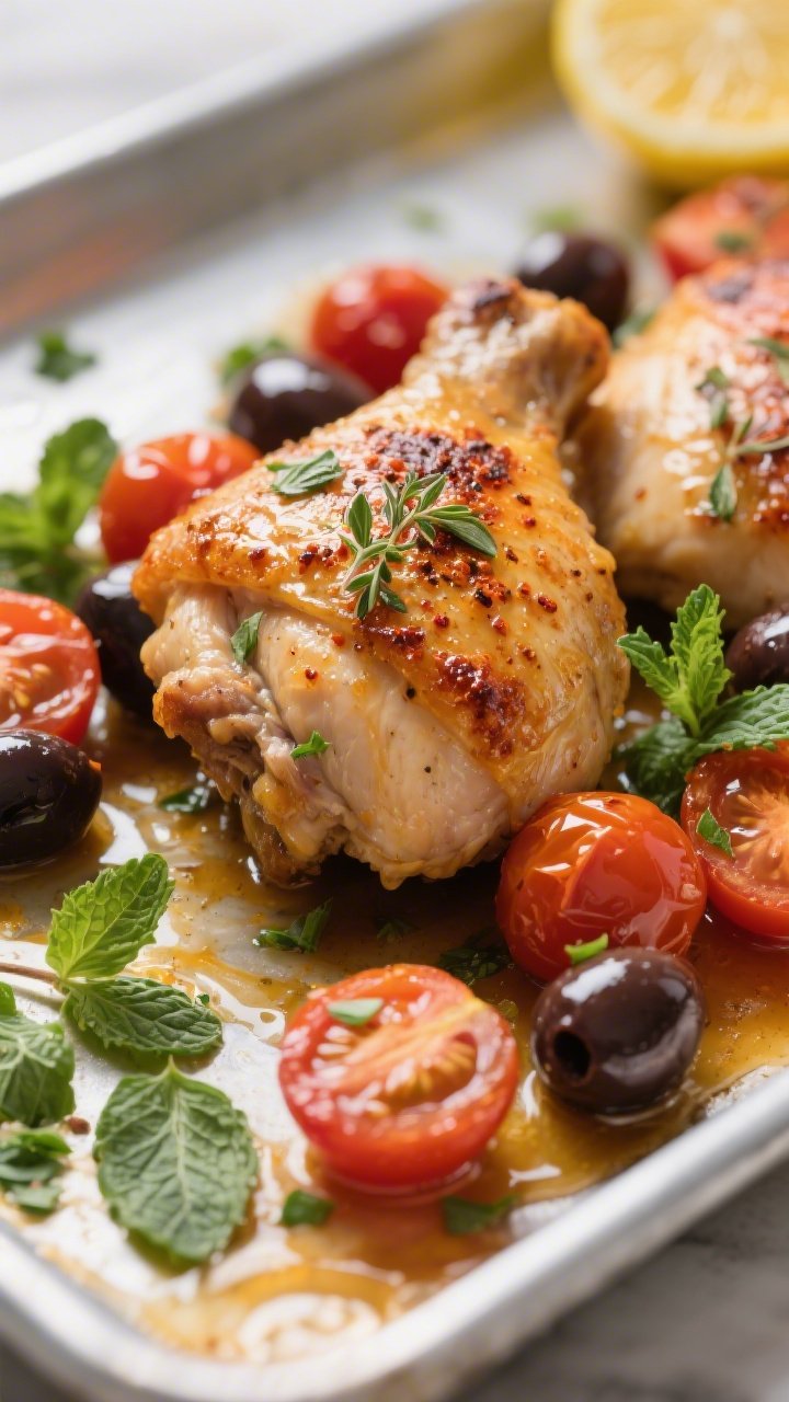 Close-up detail: Crisply roasted chicken thigh, skin blistered and golden with visible oregano, thym