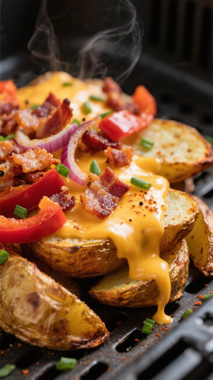 Close-up detail: Crispy air-fried breakfast potatoes loaded with melted sharp cheddar, crumbled baco