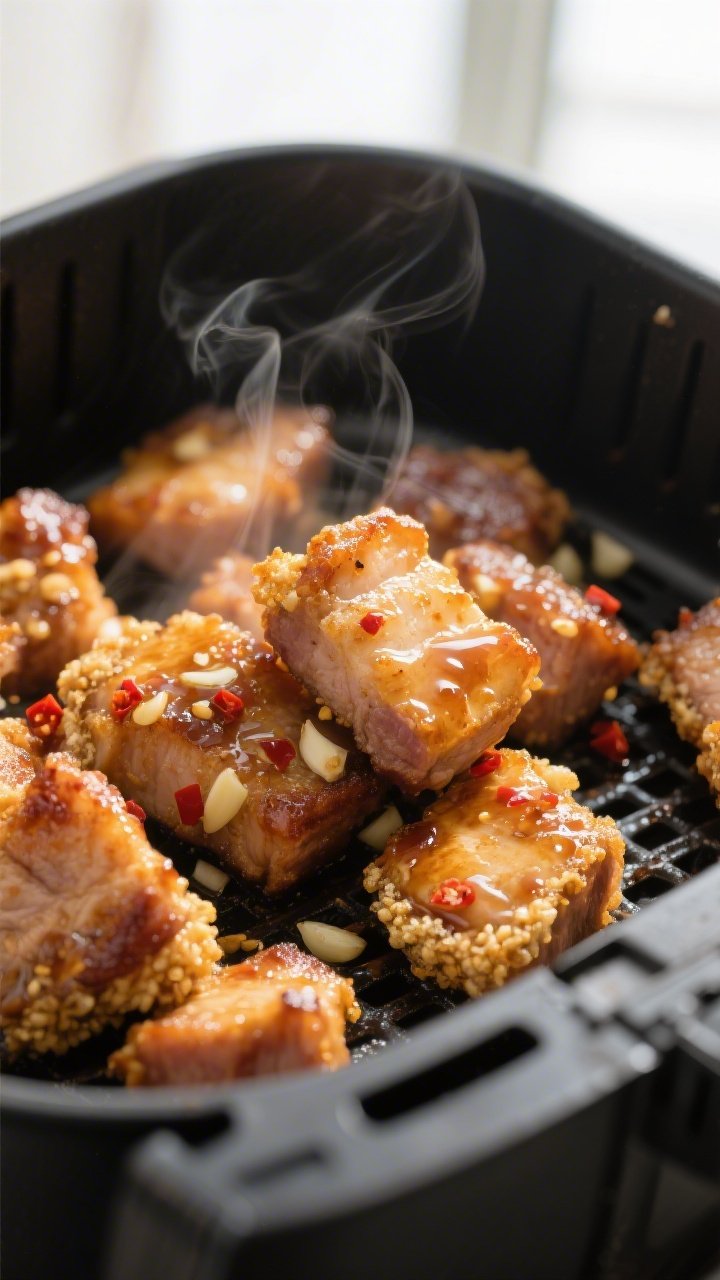 Close-up detail: Crispy air-fried honey garlic pork bites just out of the basket, golden-brown edges