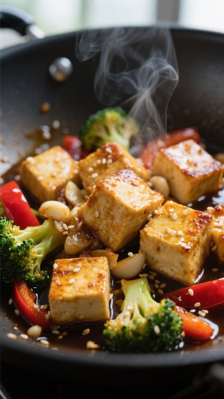 Close-up detail: Crispy golden tofu cubes just after searing, tossed back into a glossy garlic-ginge