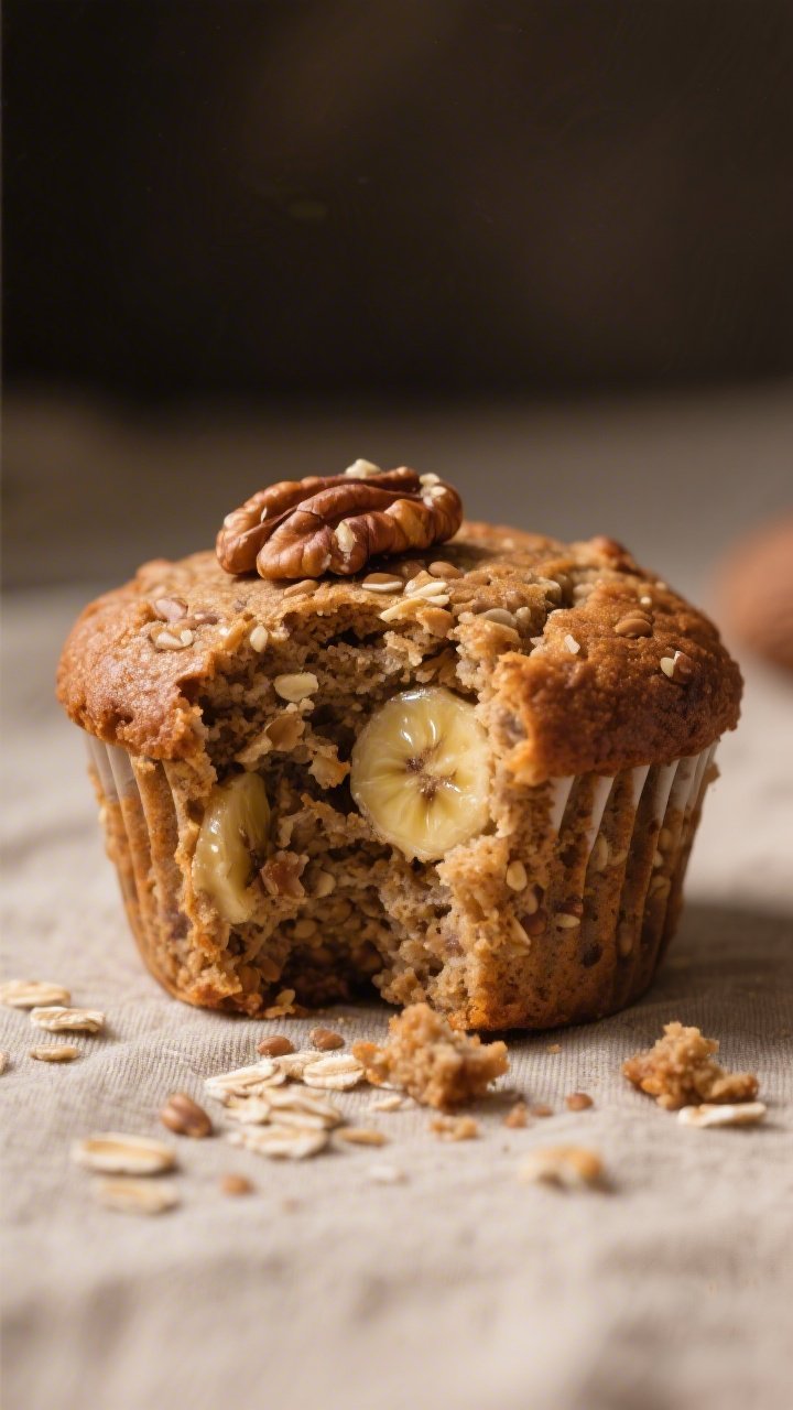 Close-up detail: Freshly baked buckwheat banana walnut muffin torn open to reveal a tender, moist cr