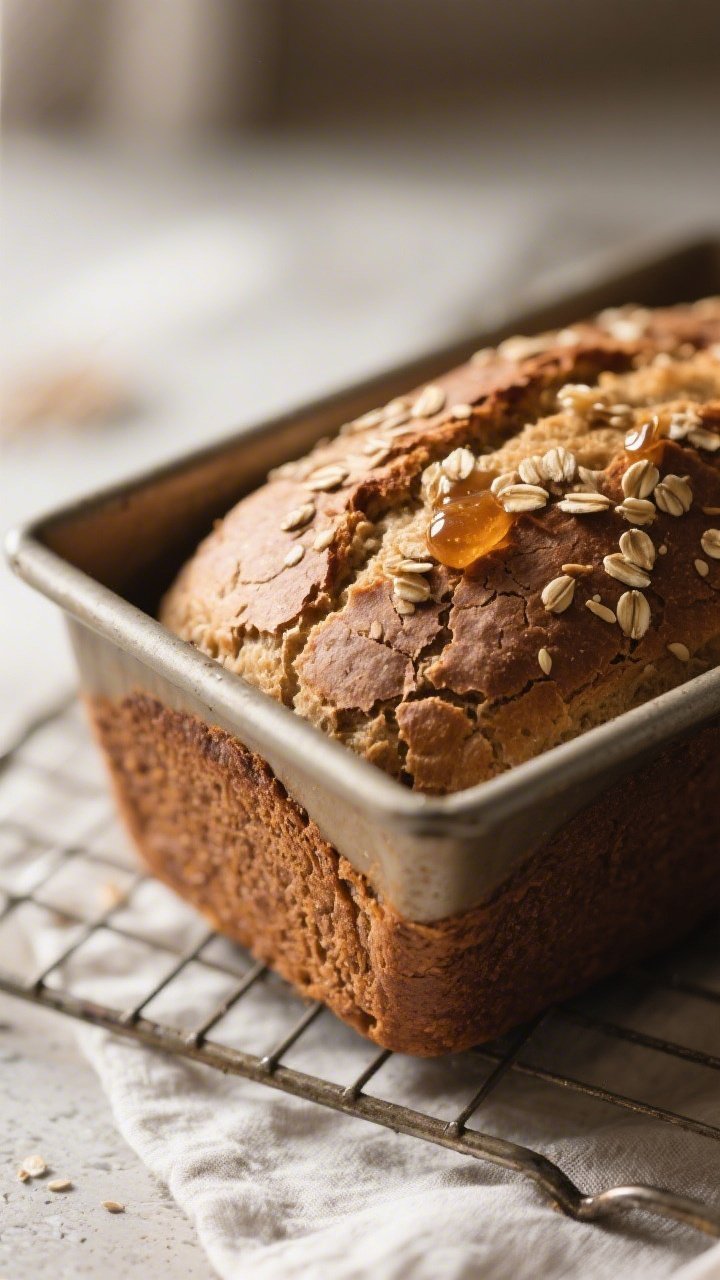 Close-up detail: Freshly baked buckwheat honey bread just out of the loaf pan, crust deep golden-bro
