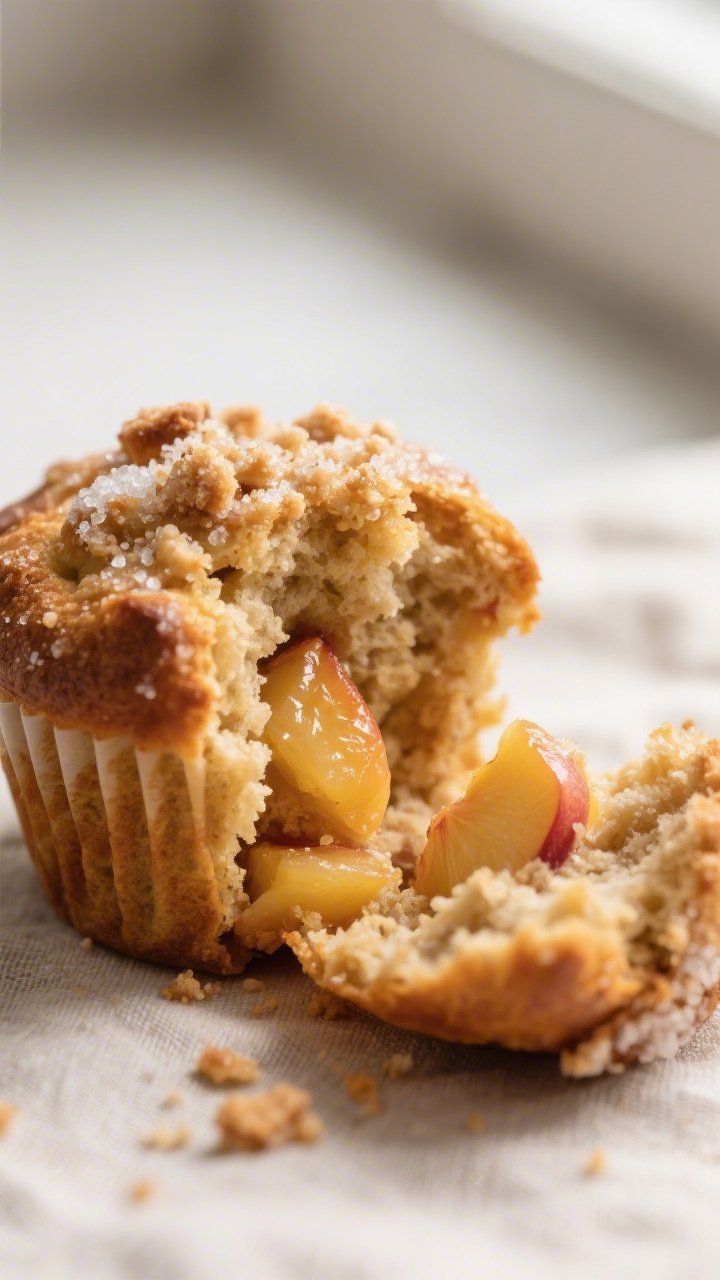Close-up detail: Freshly baked sourdough discard peach cobbler muffin torn open to reveal a tender,