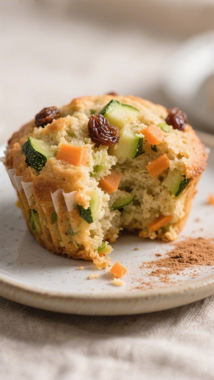 Close-up detail: freshly baked zucchini and carrot veggie muffin torn open to reveal a moist, tender