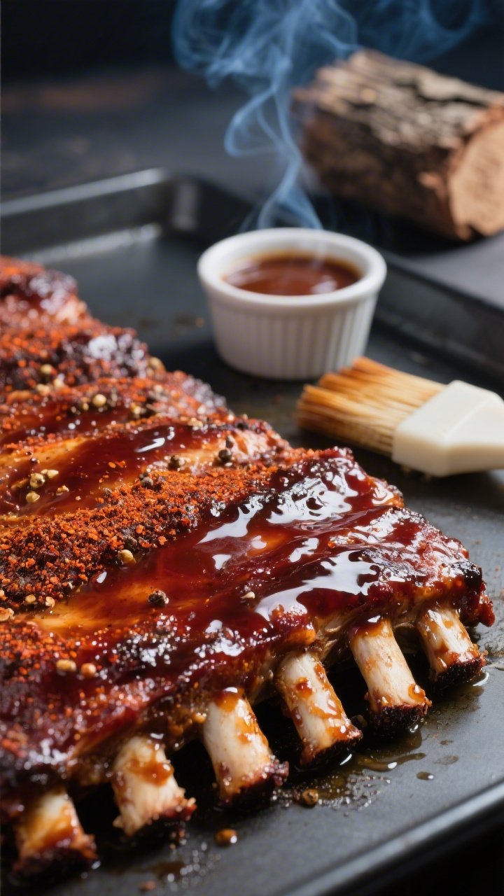 Close-up detail: Glazed BBQ pork ribs just off the smoker, deep mahogany bark with visible pepper an