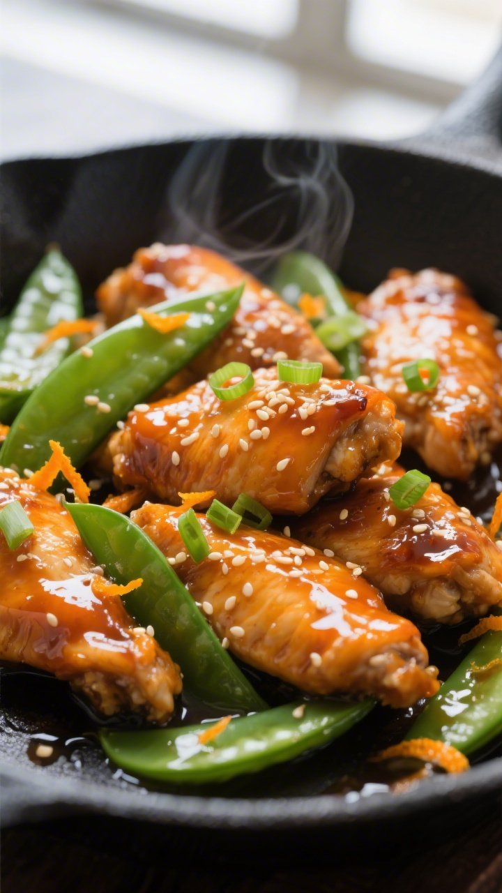 Close-up detail: Glossy orange chicken pieces glazed with citrus-ginger sauce, sesame seeds and thin