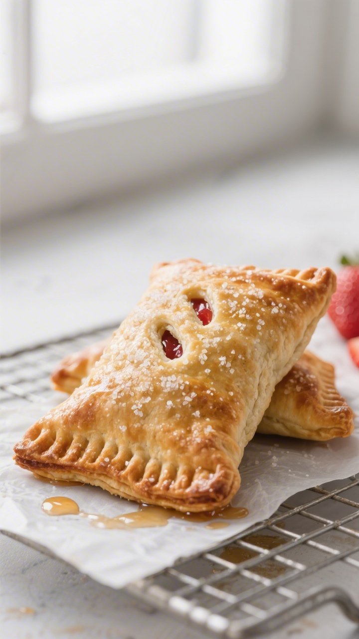 Close-up detail: Golden-brown strawberry rhubarb hand pie just out of the air fryer, crust deeply fl