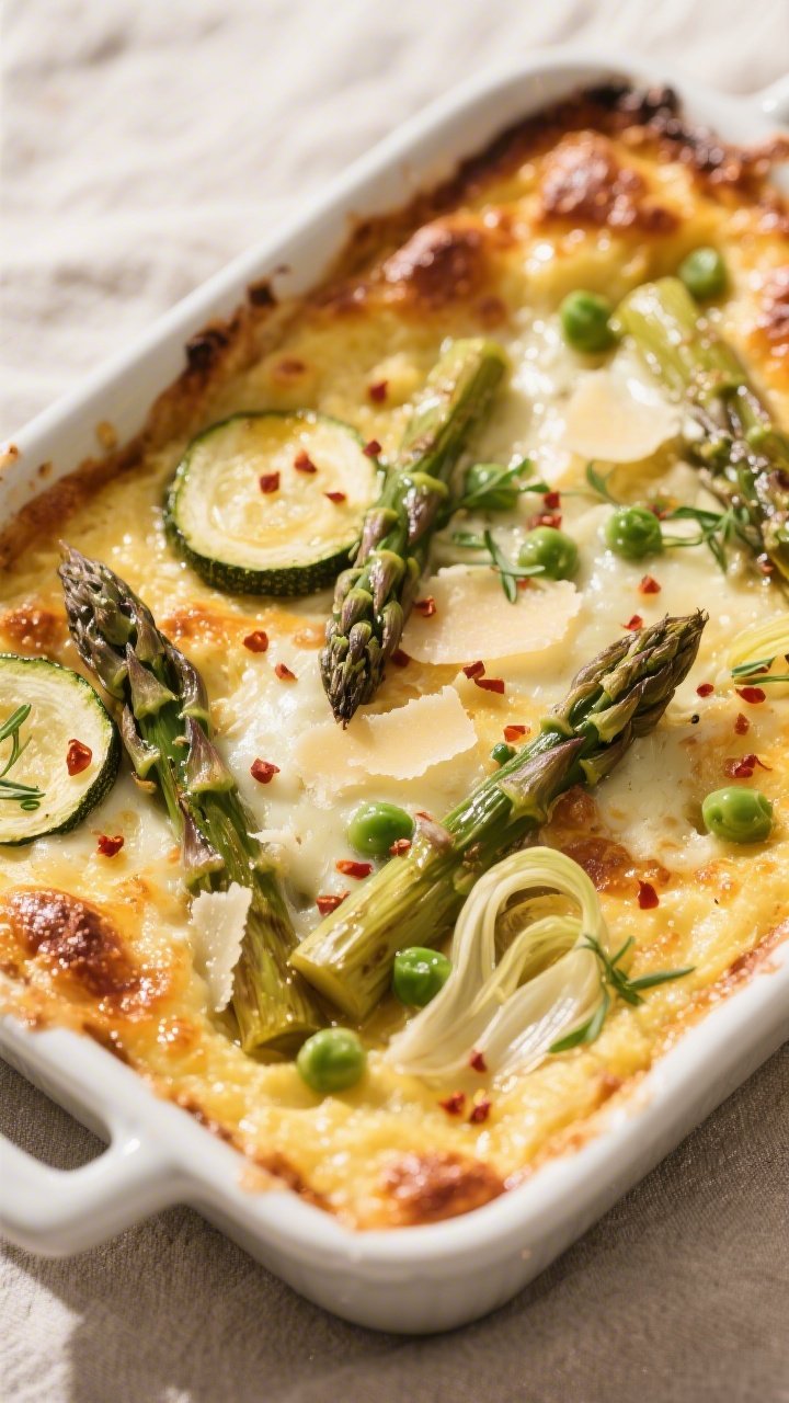 Close-up detail: Golden, bubbly Italian Spring Veggie Polenta Bake just out of the oven, showing cre