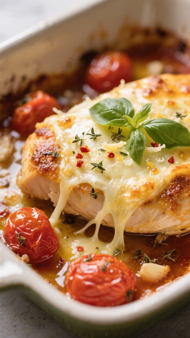 Close-up detail: Golden, bubbly mozzarella draped over tender baked chicken breast, with burst cherr