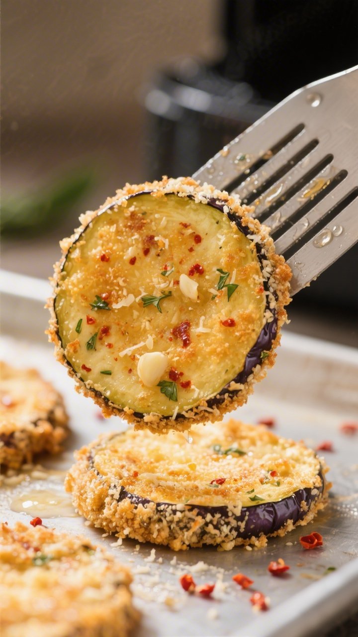 Close-up detail: Golden, crispy Parmesan-coated eggplant rounds just out of the air fryer, one piece