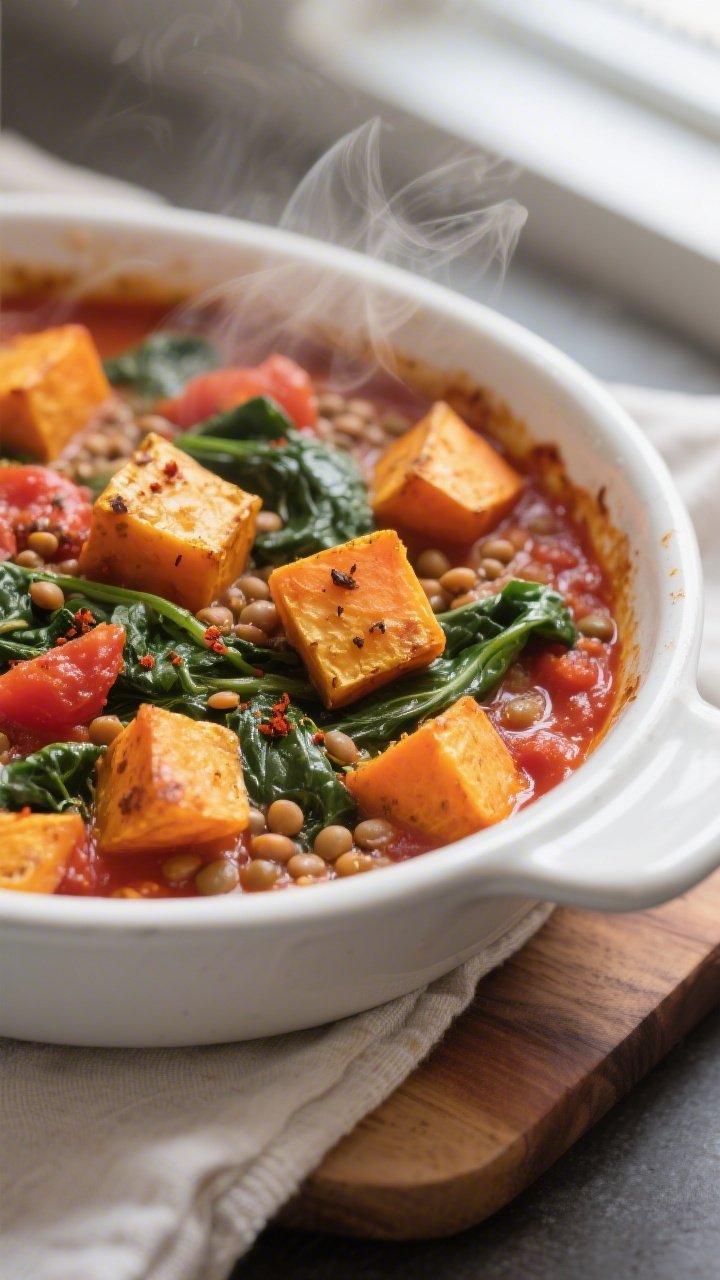 Close-up detail: Golden-edged roasted sweet potato cubes folded into a thick, tomato-lentil base wit
