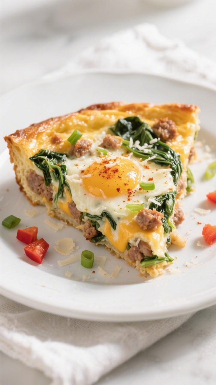 Close-up detail: Golden-edged slice of Healthy Turkey Sausage Spinach Cheese Breakfast Bake just out