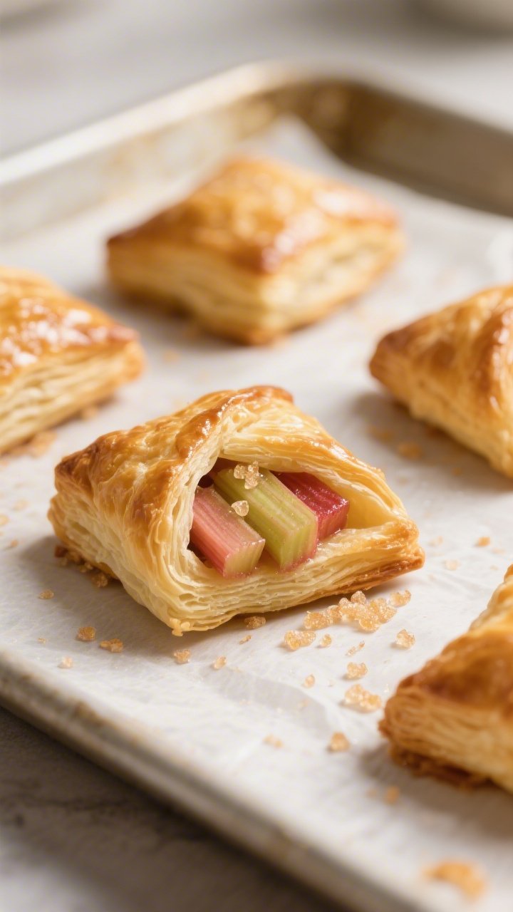 Close-up detail: Golden, freshly baked Rhubarb Puff Pastry Bites just out of the oven, corners folde