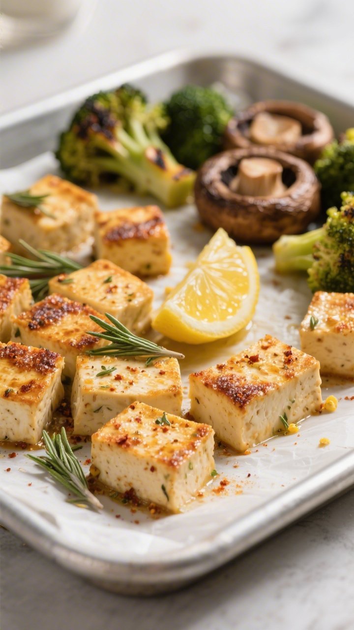 Close-up detail: Golden, oven-roasted tofu cubes dusted with cornstarch-based herb seasoning, showin
