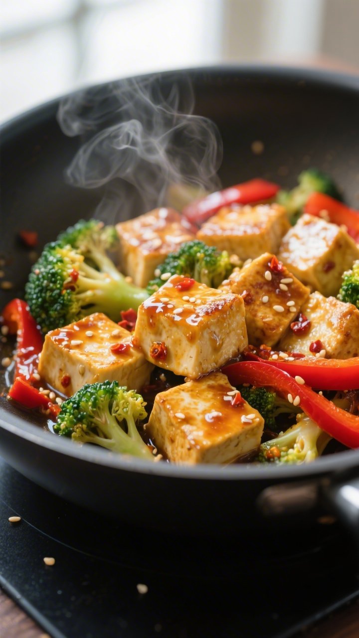 Close-up detail: Golden, pan-seared tofu cubes glazed in a glossy sweet chili sauce, nestled with cr
