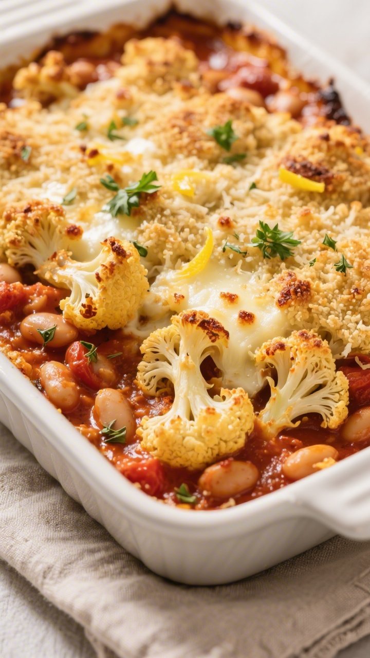 Close-up detail: Golden-topped bean and cauliflower bake just out of the oven, bubbling tomato-bean