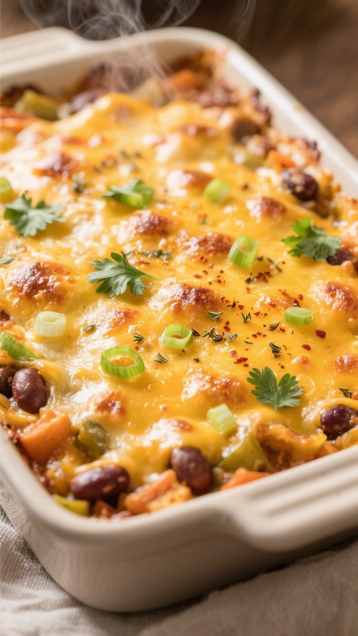 Close-up detail: Gooey, golden-bubbly layer of melted cheddar and Monterey Jack on the Cheesy Pinto 