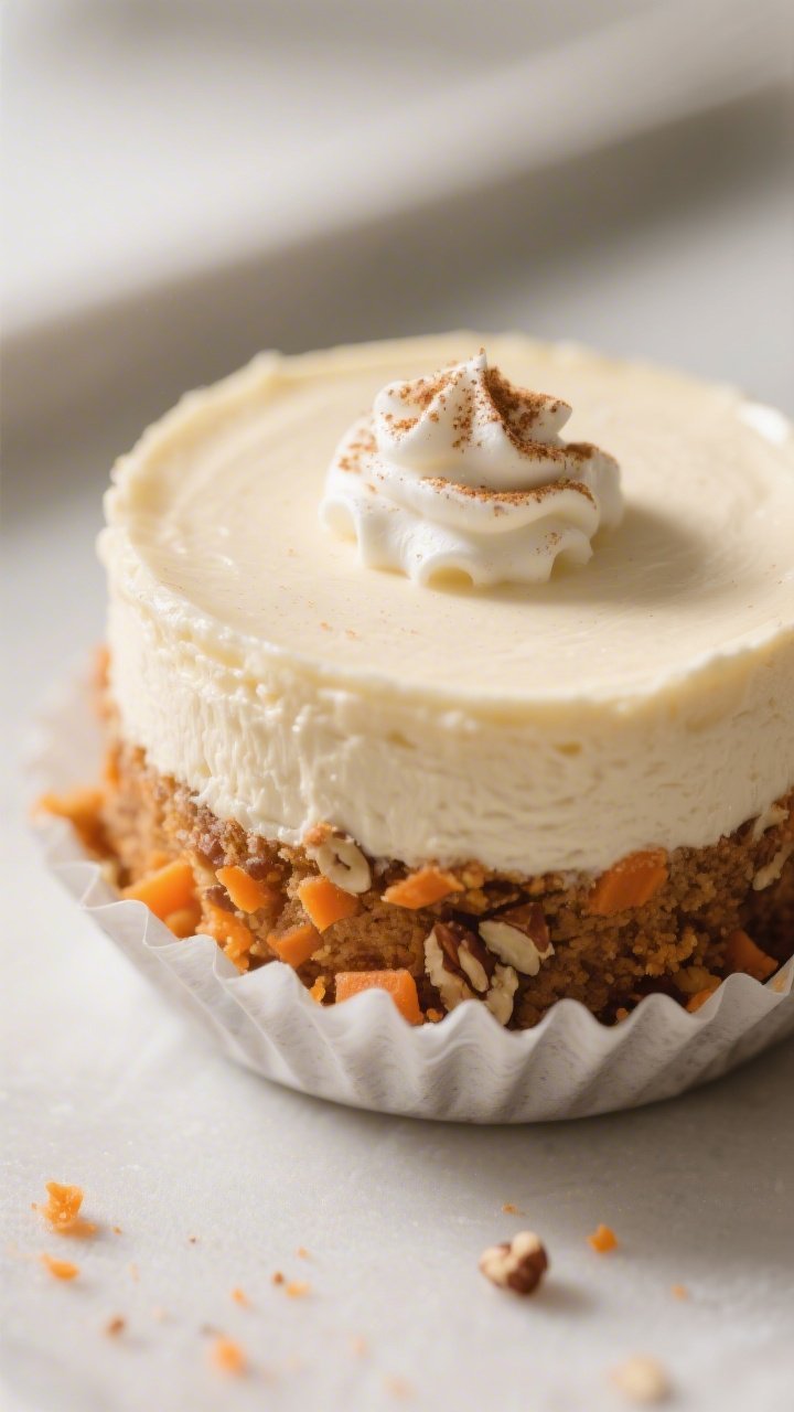 Close-up detail of a baked mini carrot cake cheesecake just out of its liner, showing the two distin
