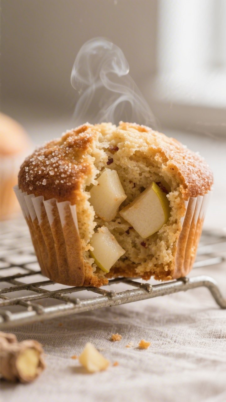 Close-up detail of a freshly baked pear–ginger muffin torn open to reveal a moist, tender crumb wi