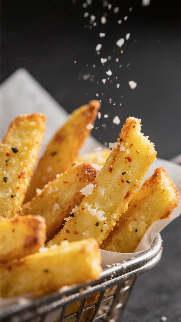 Close-up detail of freshly air-fried polenta fries just out of the basket, edges crisp and lightly b